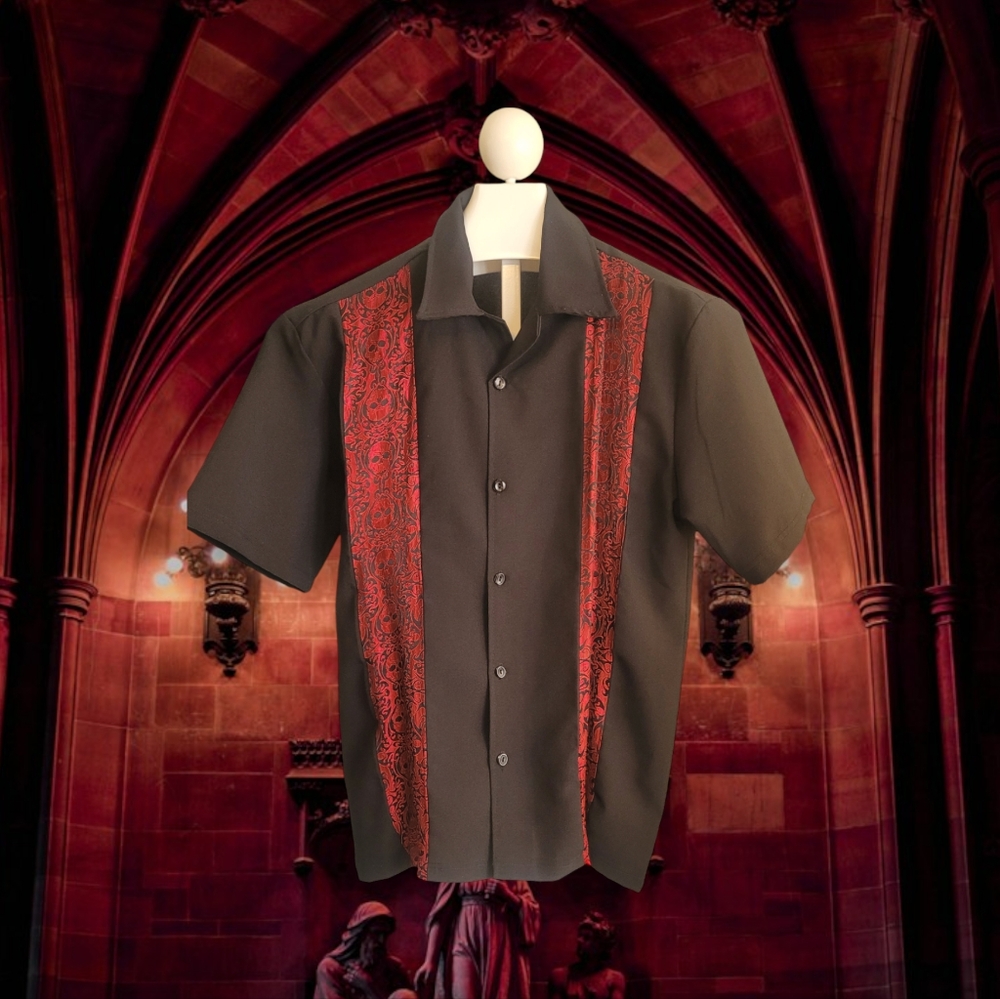 Black Button-down Bowling Style Shirt with Skull Detail